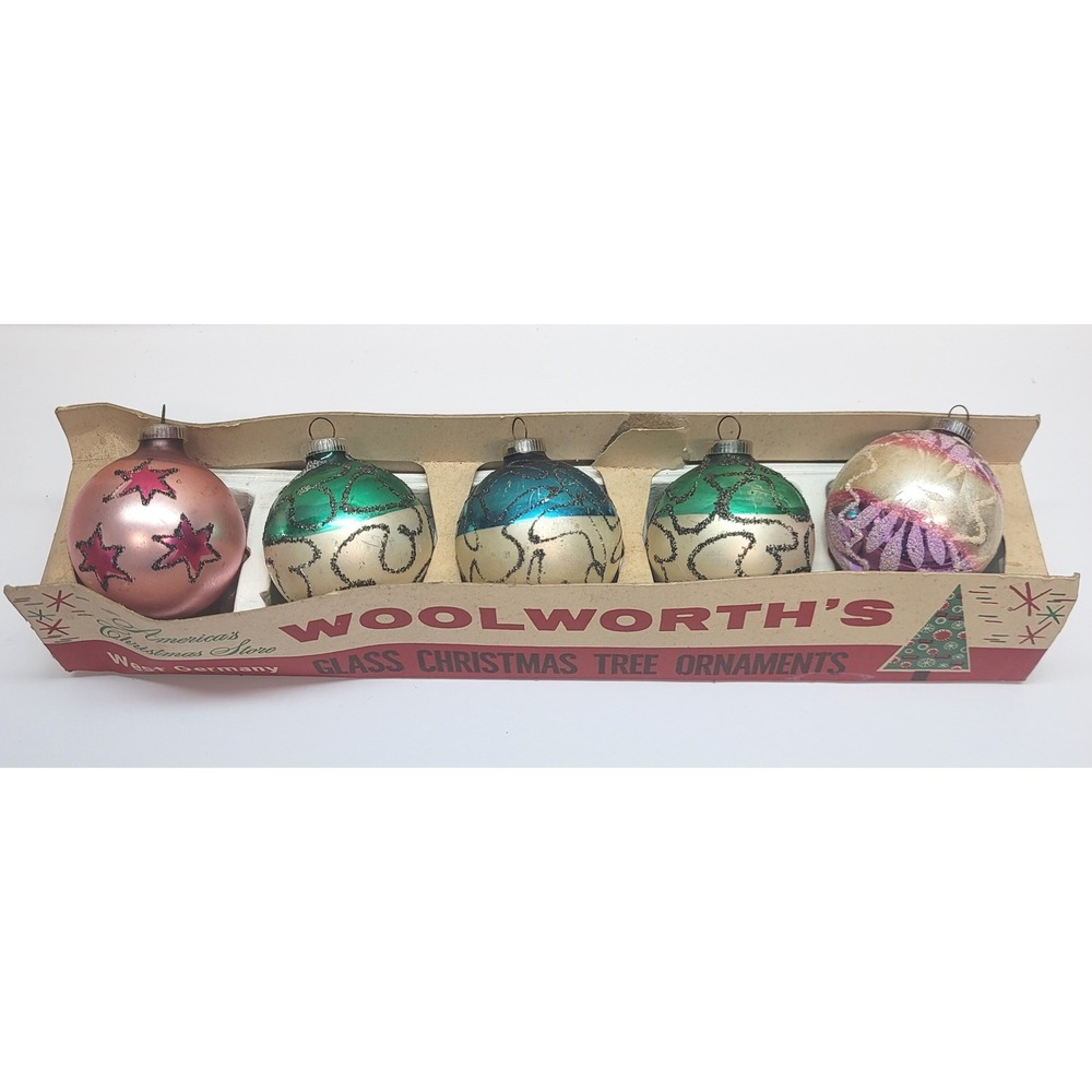 Vtg Woolworths Glass Christmas Ornaments West Germany Set of 5 Pink Blue Green